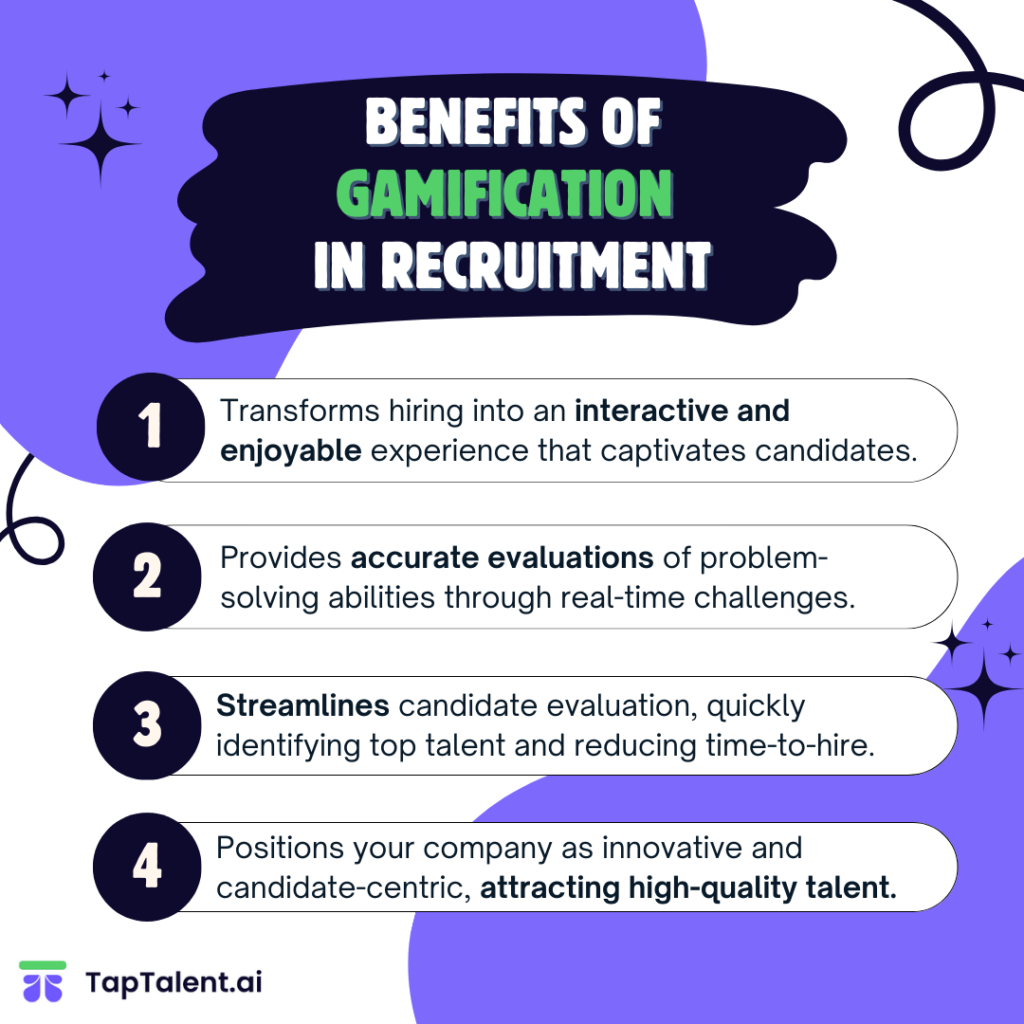 Benefits of Gamification in Recruitment: Boosts Candidate Engagement: Transforms hiring into an interactive and enjoyable experience that captivates candidates. Enhances Skill Assessment: Provides accurate evaluations of problem-solving abilities through real-time challenges. Improves Hiring Efficiency: Streamlines candidate evaluation, quickly identifying top talent and reducing time-to-hire. Strengthens Employer Branding: Positions your company as innovative and candidate-centric, attracting high-quality talent.